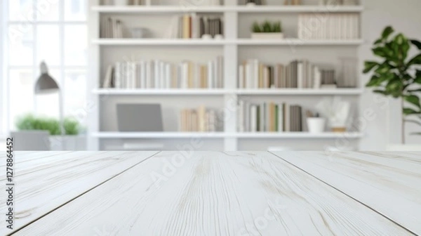 Fototapeta Bright white wooden table with evenly distributed light and blurred home office background
