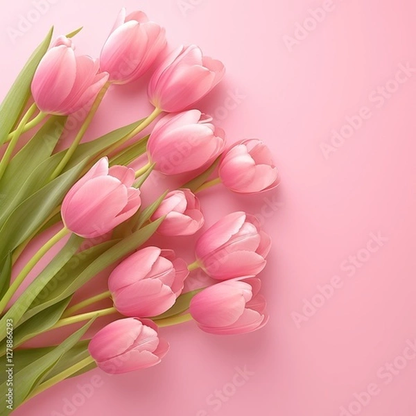 Fototapeta "Beautiful pink tulips arranged elegantly on a soft pastel pink background, top view, perfect for celebrating Happy Women's Day, spring season, floral themes, and feminine concepts. Ideal for greeting
