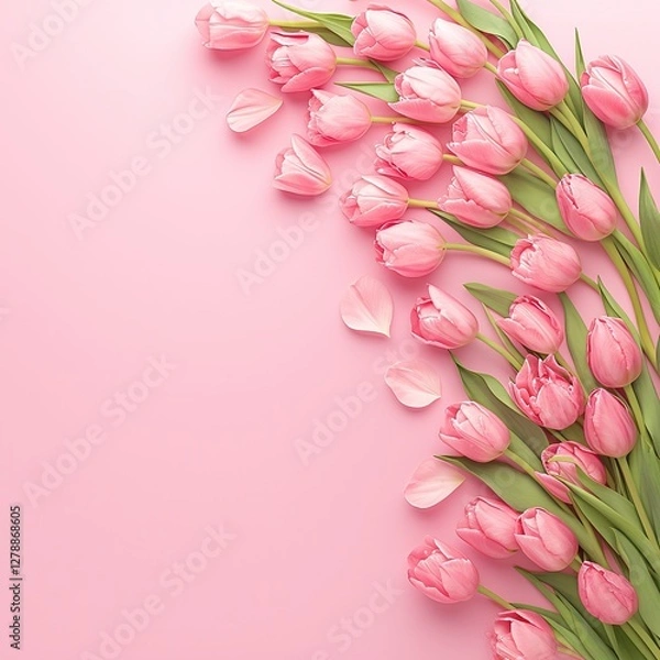 Fototapeta "Beautiful pink tulips arranged elegantly on a soft pastel pink background, top view, perfect for celebrating Happy Women's Day, spring season, floral themes, and feminine concepts. Ideal for greeting