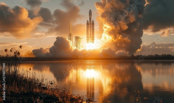 Fototapeta Ariane 6 European Launch Vehicle Liftoff at Sunset for 2024 Mission with Dramatic Sky and Reflective Waterscape
