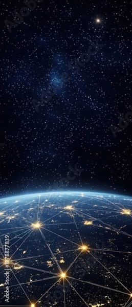 Fototapeta A stunning view of Earth from space, showcasing a network of lights against a starry backdrop, representing connectivity and technological advancement.