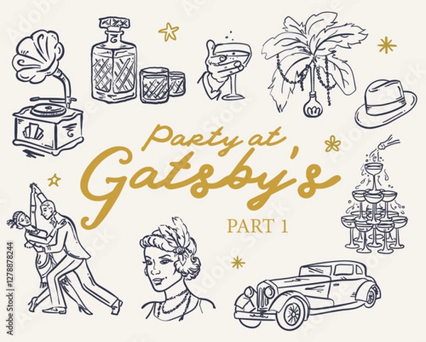 Fototapeta Hand drawn whimsical style Roaring 20s Great Gatsby party illustration set, vector collection