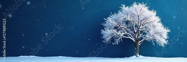 Obraz Snowy tree with frosty branches against a dark blue wall, snowflakes, icy, dark