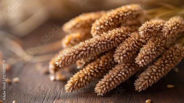 Fototapeta Brown flowers elegantly arranged on a rustic wooden table create a warm and inviting atmosphere in this charming setting.