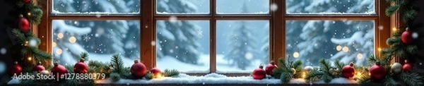 Obraz Snowy windows with festive ornaments and garlands, winter decorations, frozen panes