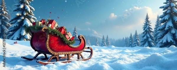 Obraz Snowy winter landscape with a sleigh filled with colorful boxes, holiday, cold