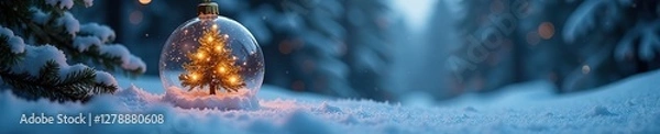 Fototapeta Snowy winter scene with glowing Christmas tree in a bauble suspended above frosty ground, winter wonderland,