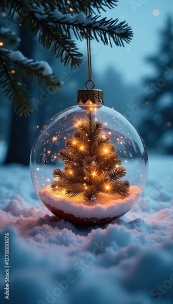 Fototapeta Snowy winter scene with glowing Christmas tree in a metallic bauble suspended above frosty ground, shimmering lights, festive atmosphere
