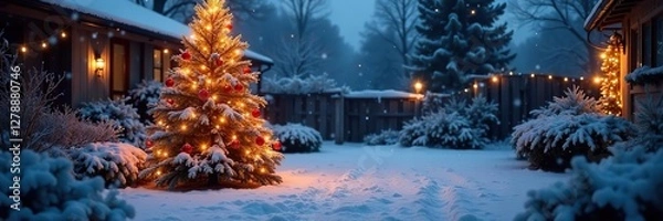 Obraz Snowy yard with a lit up Christmas tree and frozen garden, snow, plants, festive
