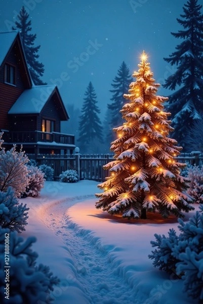 Obraz Snowy yard with a lit up Christmas tree and frozen garden, tree, landscape