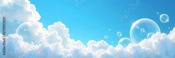 Fototapeta Soap foam bubbles create a whimsical scene against a bright blue sky with puffy clouds, bright blue sky, weightless