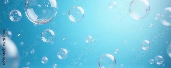 Obraz Soap foam bubbles suspended in mid-air on a clear blue background, weightless, airy,