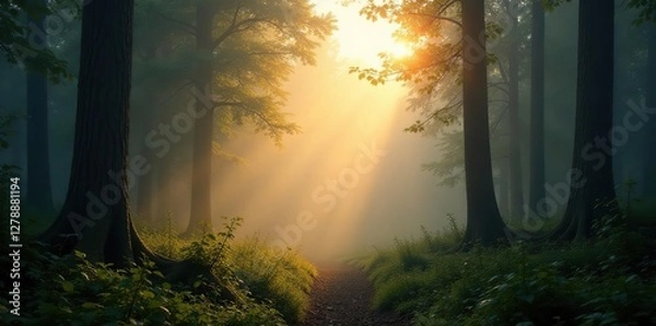 Obraz Soft beige light filtering through fog in the forest at dawn or dusk, quiet, forest