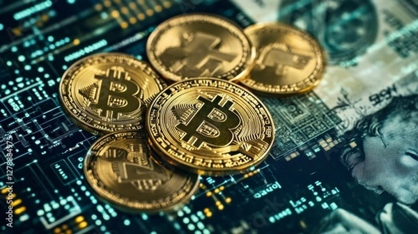 Fototapeta Transformation of bitcoin coins digital realm conceptual image futuristic environment close-up view cryptocurrency evolution