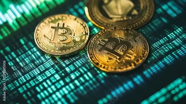 Fototapeta Transforming bitcoin coins digital space conceptual image virtual environment abstract perspective cryptocurrency evolution