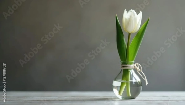 Fototapeta A single white tulip placed in a delicate glass vase with a ribbon, delicate,