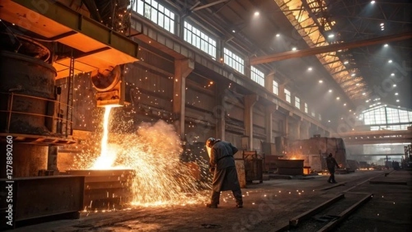 Fototapeta Dynamic industrial scene with a busy ambiance showcasing molten metal pouring against an illuminated factory interior backdrop.