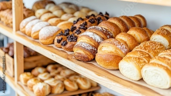 Fototapeta Artisan bakery products on rustic shelves Concept, Assorted Pastries and Bread Rolls Displayed on Wooden Shelves in a Bakery Setting