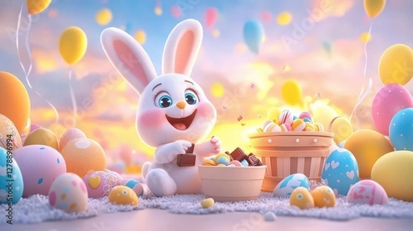 Obraz Cute Easter bunny cake with pastel eggs