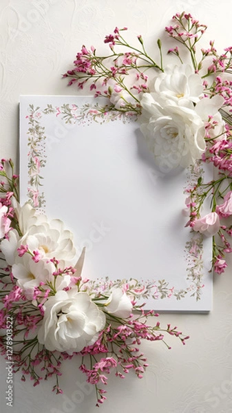 Fototapeta Copy space Floral invitation Card design, greeting cards elegant wonderful 3d  style. Colorful spring flower with white background, space for text.