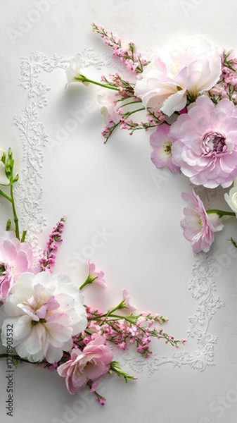 Fototapeta Copy space Floral invitation Card design, greeting cards elegant wonderful 3d  style. Colorful spring flower with white background, space for text.