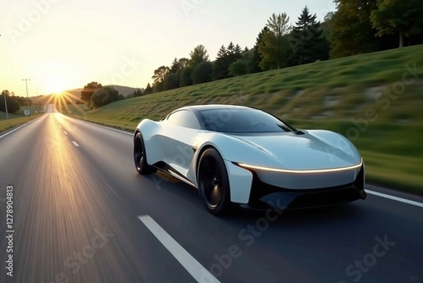 Obraz Futuristic car driving on an open road during sunset with a scenic background.
