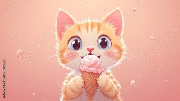 Fototapeta Cute Cartoon Kitty Enjoying Ice Cream Cone in Summer Fun