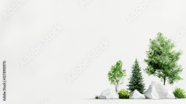 Obraz Minimalist nature scene, white rocks, green trees, backdrop for product display
