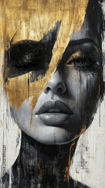 Fototapeta Abstract Portrait of Woman with Gold, Black, and White Visual Elements - Concept of Beauty and Strength in Modern Art