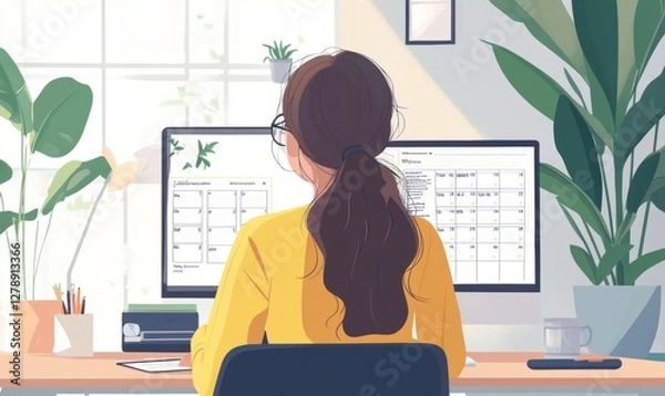 Fototapeta Woman writing in planner and organizing schedule at desk, planning upcoming events and tasks, time management and productivity concept