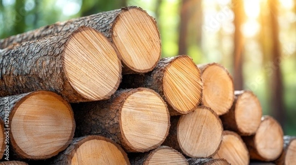 Fototapeta Freshly Cut Logs Stacked Neatly in a Sunlit Forest Nature Photography Tranquil Environment Close-Up Viewpoint