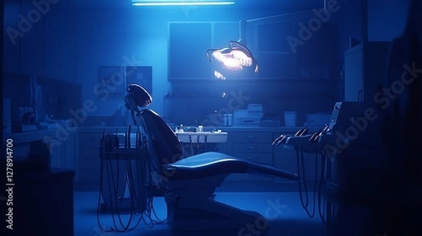 Obraz Empty dentist chair in a dimly lit room at night.