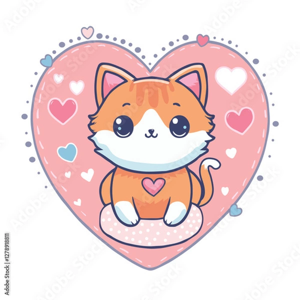 Fototapeta Lovely cat with pink hearts vector illustrator. Cute Valentine card in kawaii style. Can be used for t-shirt print, stickers, greeting card design. Vector illustration EPS8