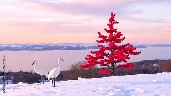 Fototapeta Red-crowned crane with open wing in flight, with snow storm