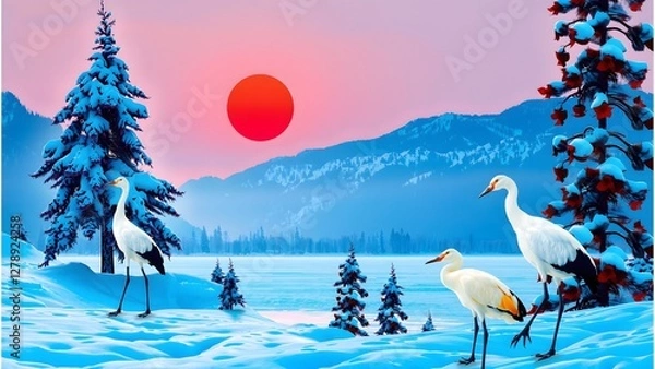 Fototapeta Red-crowned crane with open wing in flight, with snow storm