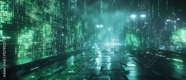 Fototapeta Endless streams of neon green Matrix code rain, cascading down a dark futuristic background, digital data flow, cyberpunk hacking aesthetic