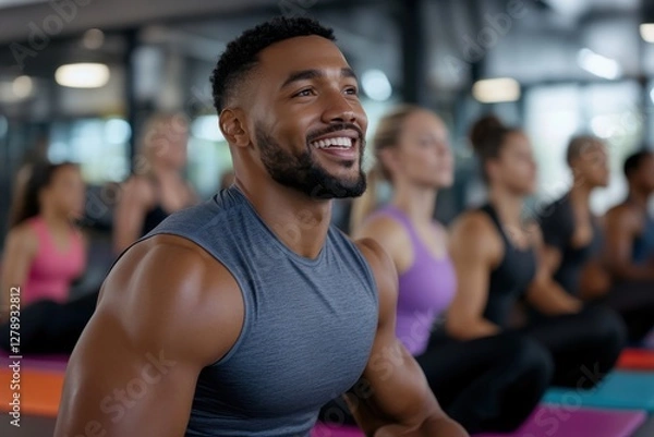 Fototapeta A confident man smiles during a fitness class, surrounded by a group, showcasing positivity and community spirit in a modern gym environment with vibrant energy.