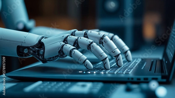 Obraz Robot hand typing on laptop keyboard