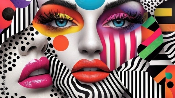Fototapeta Vibrant abstract artwork featuring faces with colorful makeup, patterns, and geometric shapes, blending surrealism and modern art.