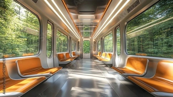 Obraz Modern train car interior with orange seats and large windows showing a green landscape.