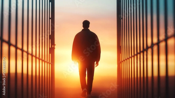 Fototapeta A silhouette of a man walking through an open gate at sunset, symbolizing freedom and new beginnings.
