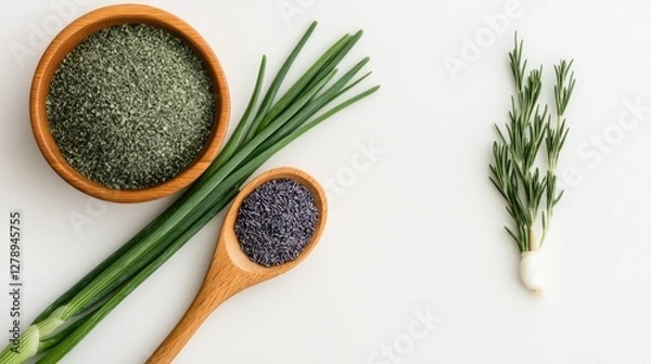 Fototapeta Chopped green onions neatly arranged in a rustic wooden bowl, showcasing their vibrant color and adding a fresh touch to dishes
