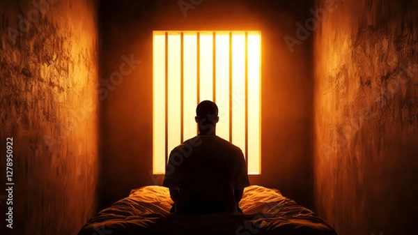Fototapeta A silhouette of a person meditating in a dimly lit room, illuminated by a beam of light creating a serene atmosphere.