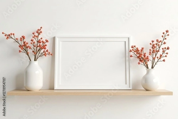 Fototapeta minimalist shelf arrangement on white wall with vases and flowers, decorative shelf, home decor