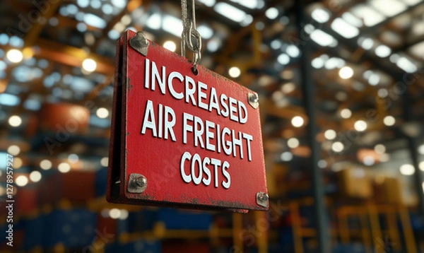 Fototapeta Tariffs import impact. Tax protectionism. Duty negotiation. A price tag hanging from an airplane in a promotional image.