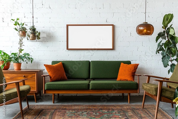 Fototapeta Modern mid century living room with wooden furniture and empty horizontal frame for wall art mockup. Generative AI