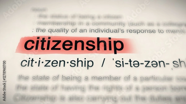 Fototapeta The word "citizenship" in a dictionary, showing its definition and meaning