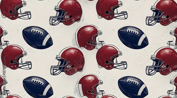 Fototapeta Hand drawn watercolor seamless pattern American football balls and helmet. Repeated background in retro style. Sport pattern