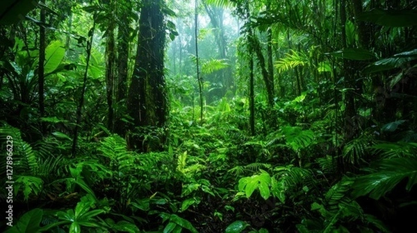Fototapeta a lush and green tropical rainforest scene. The lush vegetation fills the entire frame of the picture, creating a fresh and mysterious natural atmosphere. Various types of plants, such as ferns, tall 