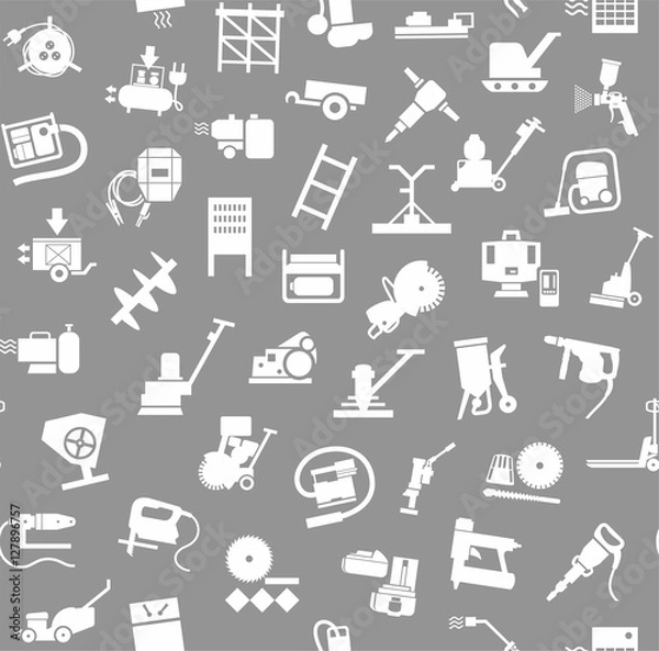 Fototapeta Construction equipment and tools, seamless background, grey. Vector background with images of equipment for construction and repair. White, flat pictures on a gray field. 
